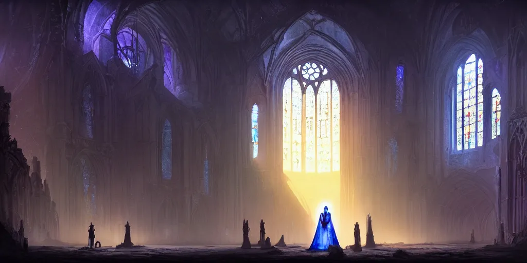 Prompt: exterior of a giant abbey made of blue stone, colourful rose window, in the middle of a dark abyss. in style of greg rutkowski and hyung - tae kim, trending on artstation, dark fantasy, great composition, concept art, highly detailed, dynamic pose, vibrant colours, epic, 8 k.