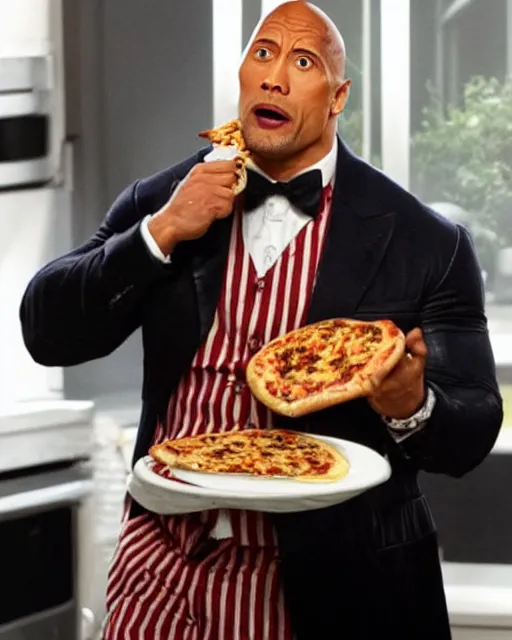 dwayne johnson as beetlejuice eating pizza