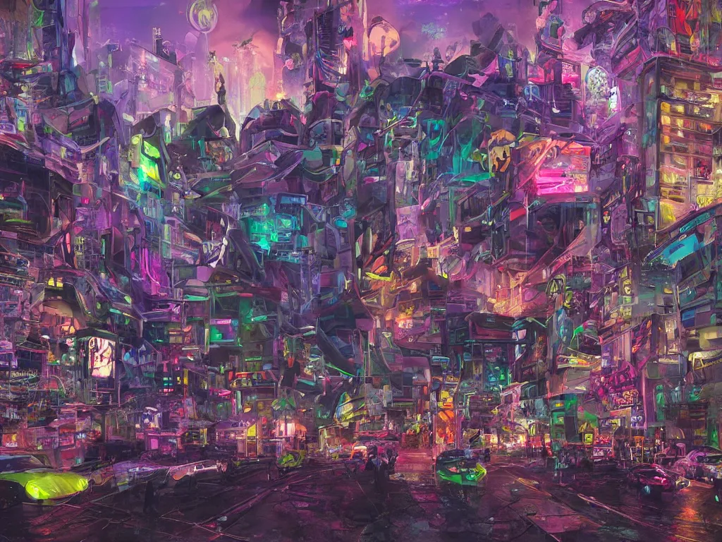 Prompt: futuristic sci-fi city at night with bright neon lights contrasting heavily with dark ominous buildings in three point perpective, in the style of esao andrews, oil painting, pop surrealism, cartoon-tainted abstract surrealism, vibrant, contrast, 4k, volumetric, HDR, crisp, detailed, beautiful, dynamic, colorful, spacious, reflective windows, futuristic cars, people, robots