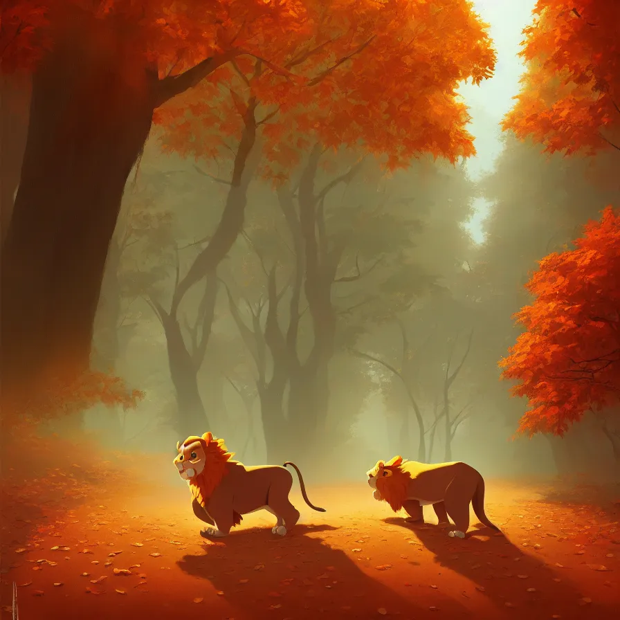 Image similar to Goro Fujita illustrating a lion walking through a beautiful autumn forest, art by Goro Fujita, sharp focus, highly detailed, ArtStation