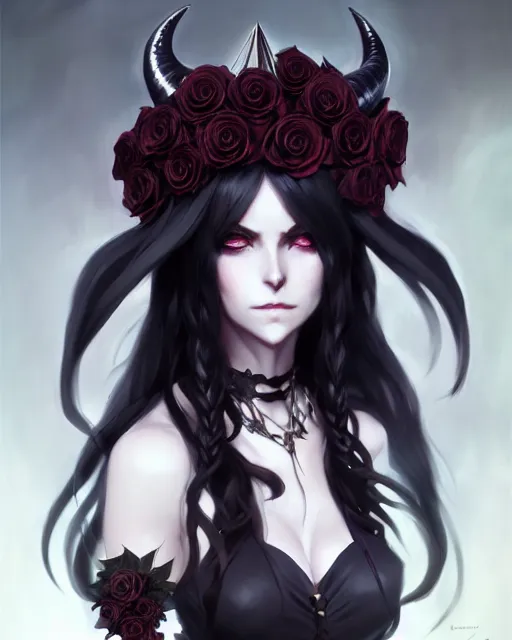 Image similar to beautifully dressed dark sorceress surrounded by black roses horns and skulls, cushart krenz, very detailed, realistic face, detailed face, matte, tonemapping, bbwchan, perfection, 4 k, cushart krenz