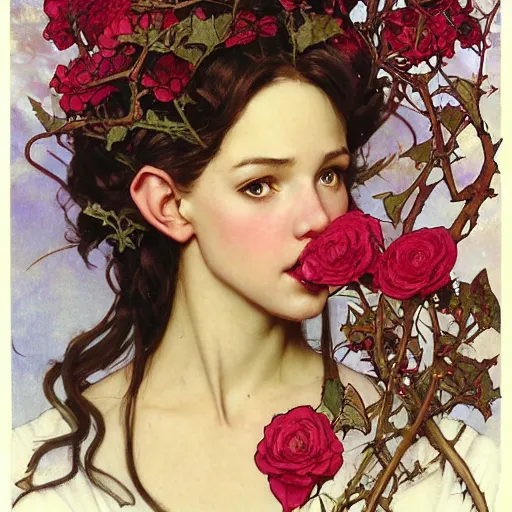 Image similar to profile portrait of a young fantasy elf princess, head only, headshot, royalty, surrounded by thorns and roses, white hair, light skin, mouth slightly open, thorn border, thorn background. by Stanley Artgerm Lau , greg rutkowski, thomas kindkade, alphonse mucha, loish, norman rockwell, J. C. Leyendecker. D&D, fantasy. Trending on artstation rule of thirds, detailed illustration, detailed lighting hd 4k