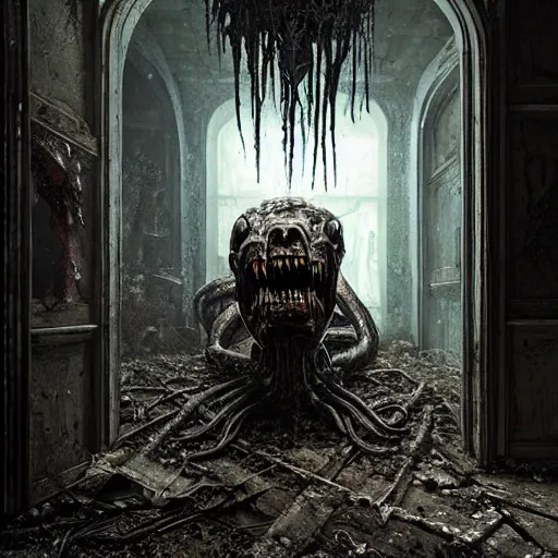 Image similar to bloody demonic snarling horror creature, inside an old abandoned house, backlit, extremely detailed digital matte painting by Greg Rutkowski and H.R. Giger