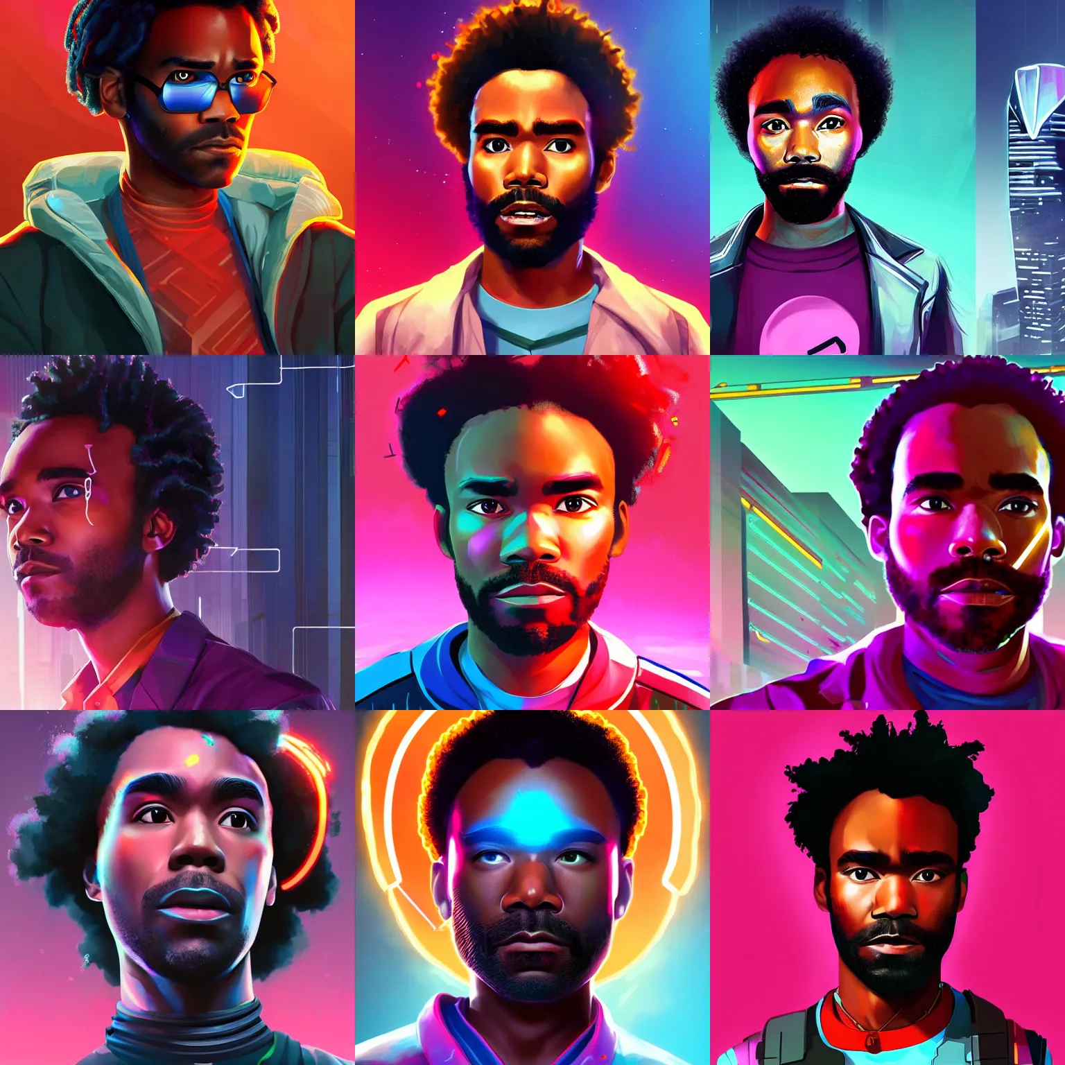Prompt: a cyberpunk donald glover as troy barnes from community, short hair, a character portrait, synthwave by art artgerm, cg society contest winner, shock art, sci - fi, artstation hq, speedpainting