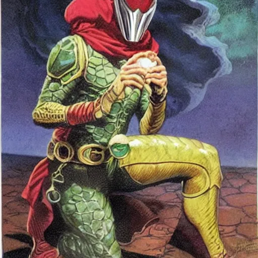 Prompt: Mysterio drinking tea, artwork by Earl Norem,