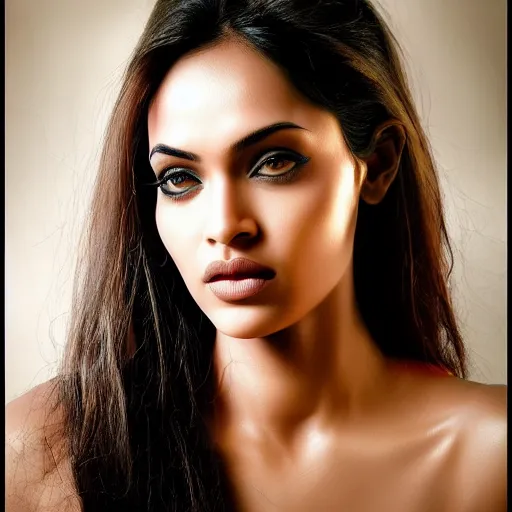 Image similar to Portrait photography of indian beauty who have the nose of Angelina Jolie, lips of Megan Fox and the eyes of Rihanna, award winning photography by Leonardo Espina