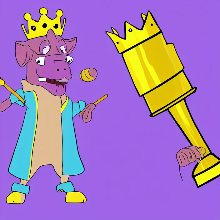 Image similar to a digital drawing of an anthropomorphic dog wearing a purple hoodie and a crown, smashing a golden trophy with a baseball bat. in the style of bojack horseman.