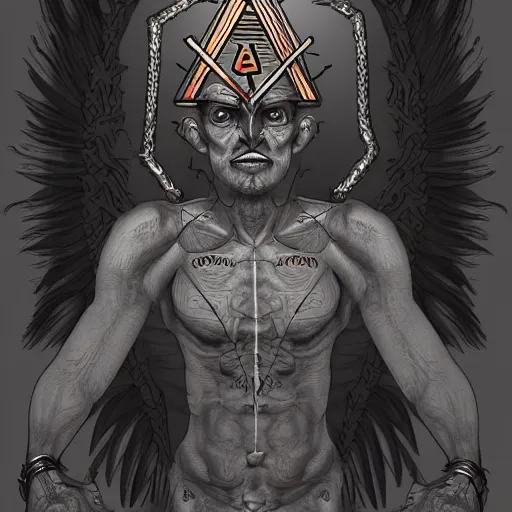 Image similar to portre of a demon, masonic and kabalistic symbols in background, digital art, ultra detailed