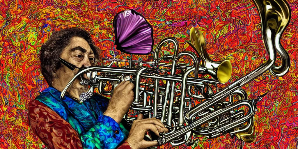 Image similar to highly detailed digital artwork of a psychedelic dingoman with a salvador dali mustache. he is playing the trumpet.