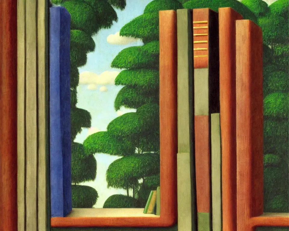 Image similar to one small bookshelf in the rainforest, featuring stone bookends and gavels, by raphael, hopper, and rene magritte. hyperdetailed, proportional, romantic, enchanting, achingly beautiful, graphic print, trending on artstation, jungle, tropical, foliage