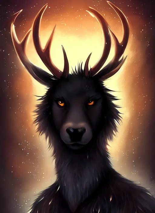 Image similar to award winning beautiful portrait commission of a male furry anthro Black Reindeer fursona with a tail, wings and a cute beautiful attractive detailed furry face wearing stylish black and orange galaxy clothes in a outerspace city at night while it rains. Character design by charlie bowater, ross tran, artgerm, and makoto shinkai, detailed, inked, western comic book art