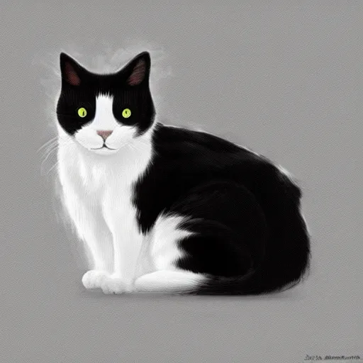 Image similar to black and white cat on a bed, black lower jaw, digital art, artstation, 8K, high quality, hyperdetalied,