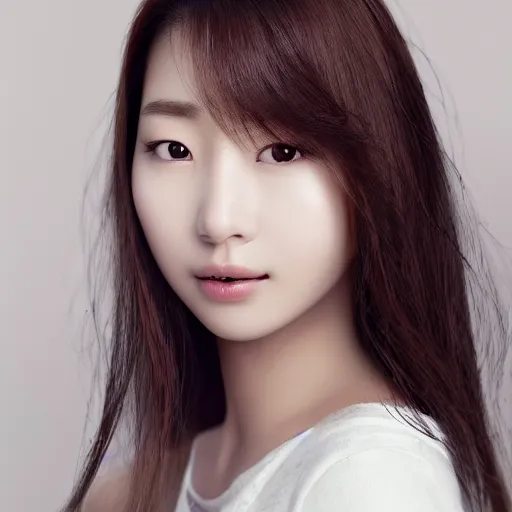 Image similar to Park shin-hye korean woman, portrait photo of a beautiful south korean woman, female model, soft smile, closed mouth showing no teeth, soft bright skin, brown hair, deep brown eyes, modern south korean makeup, soft makeup, studio lighting, solid white background, hyperrealistic, 8k, artstation, professional photo, by Leibowitz