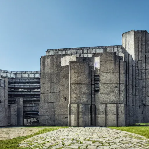 Image similar to a sci - fi beautiful brutalist monumental castle, with many towers sprouting from the base tower creating a complex and unique geometric building, photography