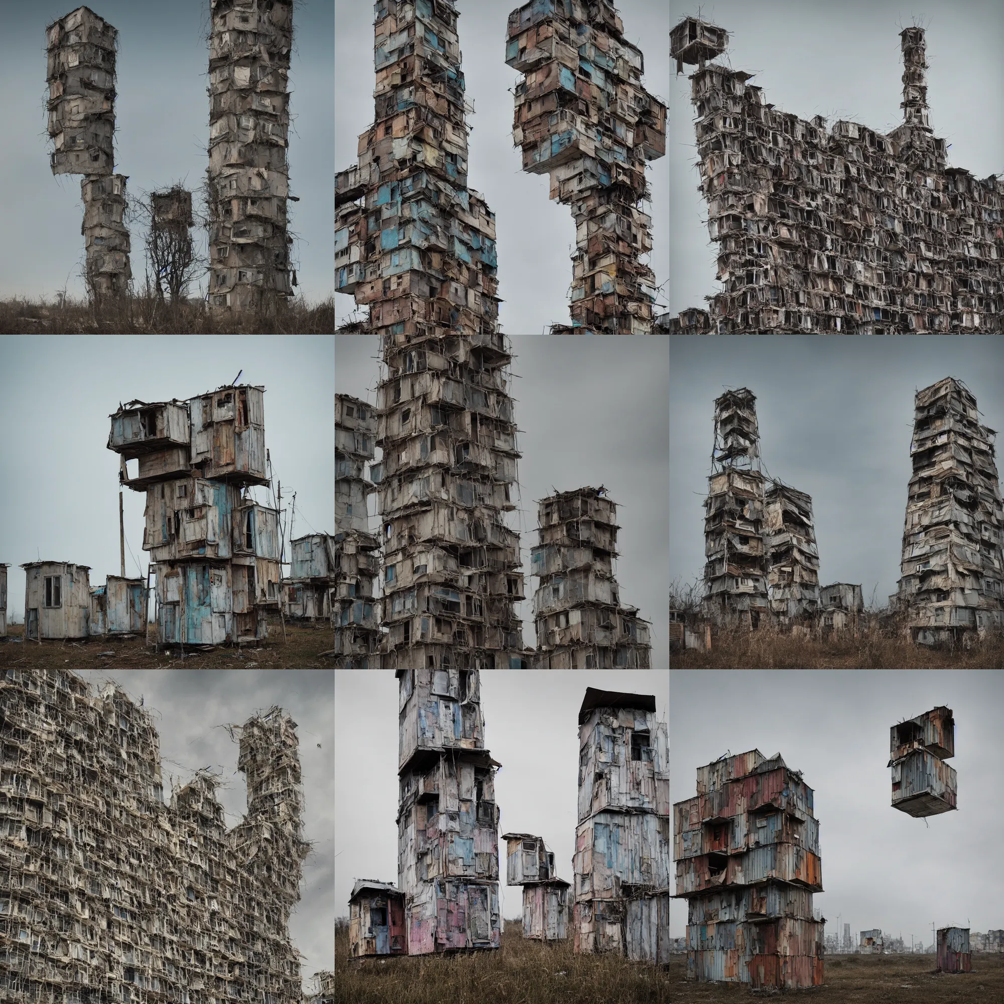 Prompt: close - up view of a tower made up of makeshift squatter shacks with faded colours, plain uniform off - white sky, dystopia, hasselblad x 1 d, very detailed, photographed by cristina de middel