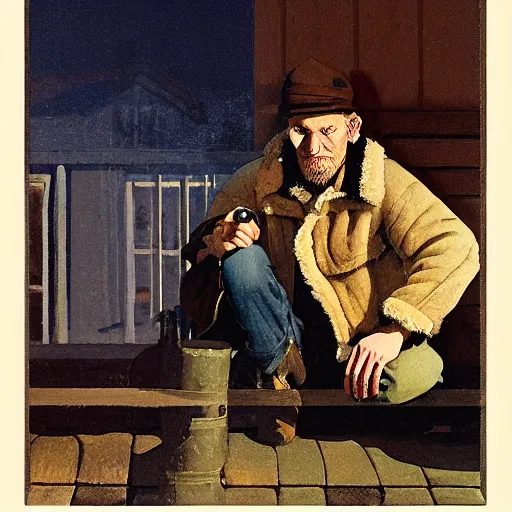 Prompt: a man in a shearling denim jacket smokes a lit cigarette outside a lonely colorado bar at 1 am, high quality high detail art by angus mcbride & n. c. wyeth, hd, realistic, photorealistic lighting, composition inspired by gregory crewdson.
