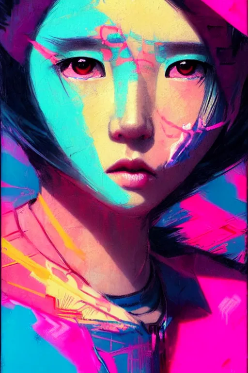 Image similar to portrait of a stylized japanese cyberpunk girl, painted in acrylic, pigment textures, in the colors hot pink and cyan, beautiful realistic face, rule of thirds, spotlight, by greg rutkowski, by jeremy mann, by francoise nielly, by van gogh, by ross tran, in focus