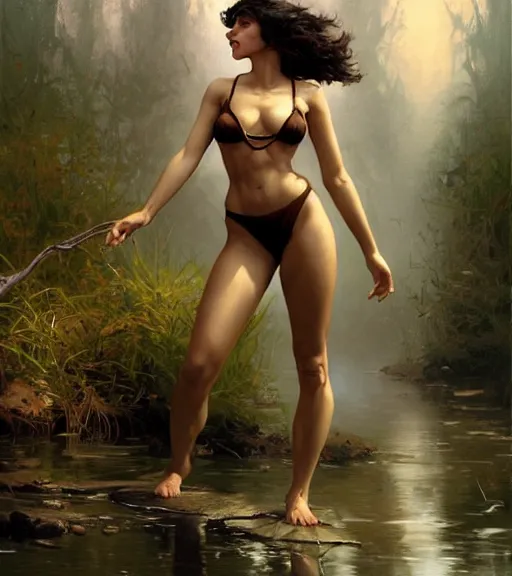 Prompt: harmony of swamp, thin model, short black curly hair, round face, bikini, amazing composition & dynamic posing, by franz xavier leyendecker, wlop! muted colors, highly detailed, fantasy art by craig mullins, thomas kinkade cfg _ scale 9