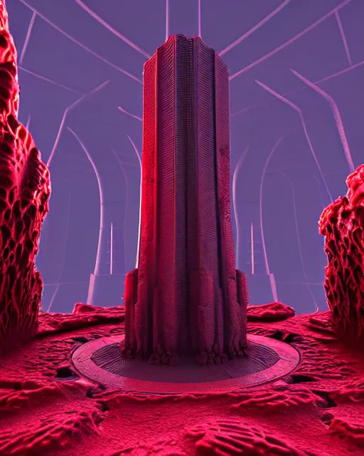 Image similar to futuristic sci fi exterior greeble textured obelisk structures made out of red mandelbulb fractal energy on the nuclear reactor unreal engine volumetric lighting subsurface scattering