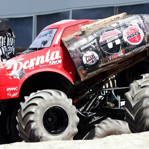 Prompt: pamela anderson driving a monster truck over coke cans