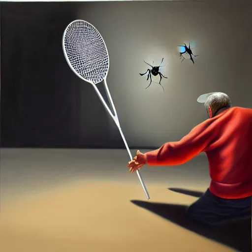 Prompt: hyperrealism painting from the housefly perspective getting swatted at from an angry man with a fly swatter