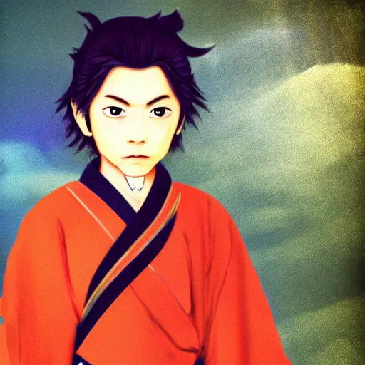 Prompt: Miyamoto Musashi as a 8 year old boy, digital art
