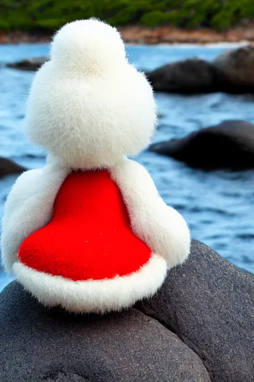 Image similar to fluffy anthropomorphic mushroom sitting on a rock in the ocean