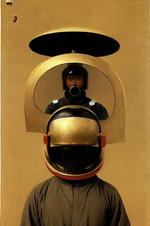 Image similar to portrait of a astronaut in samurai helmets, by bouguereau