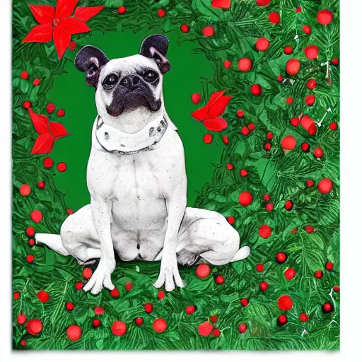 Image similar to christmas card, frug dog black infront of leg, high beauty vine, artstation, ample lighting, flower mosaic, dna, intense fantasy