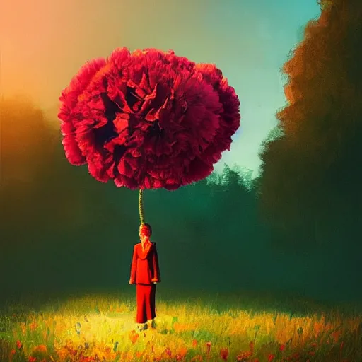 Image similar to giant carnation flower head, girl in a suit, on a path, surreal photography, sunrise, dramatic light, impressionist painting, digital painting, artstation, simon stalenhag