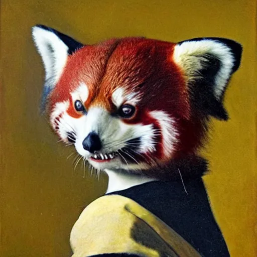 Image similar to a red panda with a pearl earring by johannes vermeer