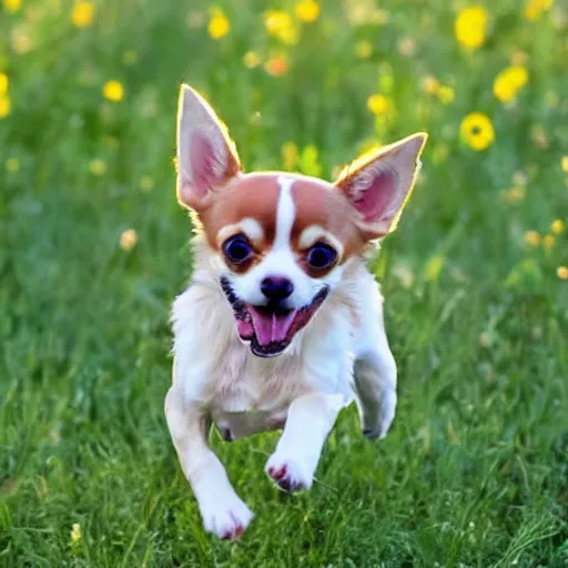 Image similar to my dream puppy: an extremely adorable chihuahua! she is so playful and happy. In this photograph, she is pictured prancing through a field on a bright, sunny summer afternoon. Her mouth is open and her tongue is out. She barks playfully as we play fetch in the field.