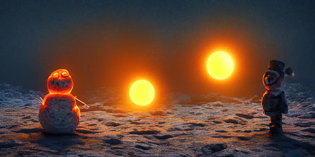 Image similar to a melted glowing snowman melting on top of the sun. the ground is made of fire and lava and is glowing orange. cinematic, dramatic, epic, volumetric lighting, atmospheric, red, orange extremely coherent, 8 k, space, warm, solar flare, blade runner 2 0 4 9