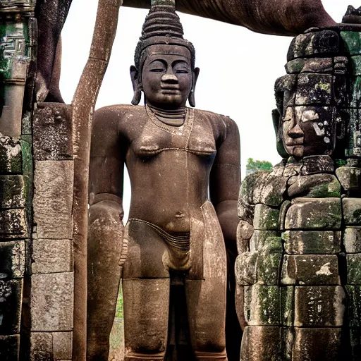 Image similar to angkor thon, yaksha, photorealistic giant photography hight quality, sharp, stones, award winning photography, canon, thierry rouzier