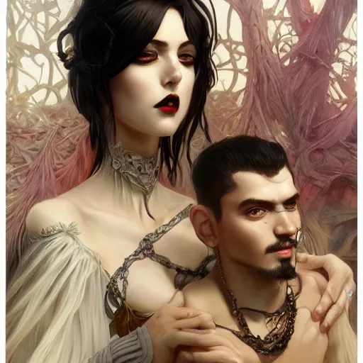 Image similar to a tall goth girl and a buff handsome man, family photo, cute, intricate, highly detailed, digital painting, artstation, concept art, smooth, sharp focus, illustration, unreal engine 5, 8 k, art by artgerm and greg rutkowski and alphonse mucha