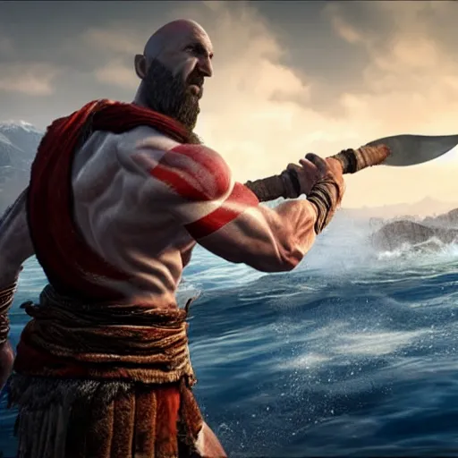 Image similar to screenshot of the game God of War with Kratos jumping waves on a jetski, while wielding an axe | Sony Pictures official media