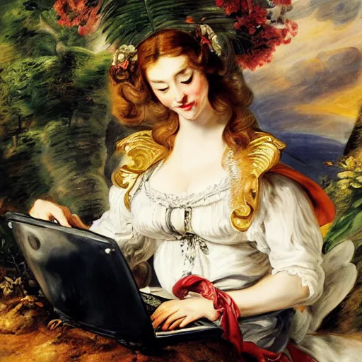 Image similar to heavenly summer sharp land sphere scallop well dressed lady working on her laptop, auslese, by peter paul rubens and eugene delacroix and karol bak, hyperrealism, digital illustration, fauvist