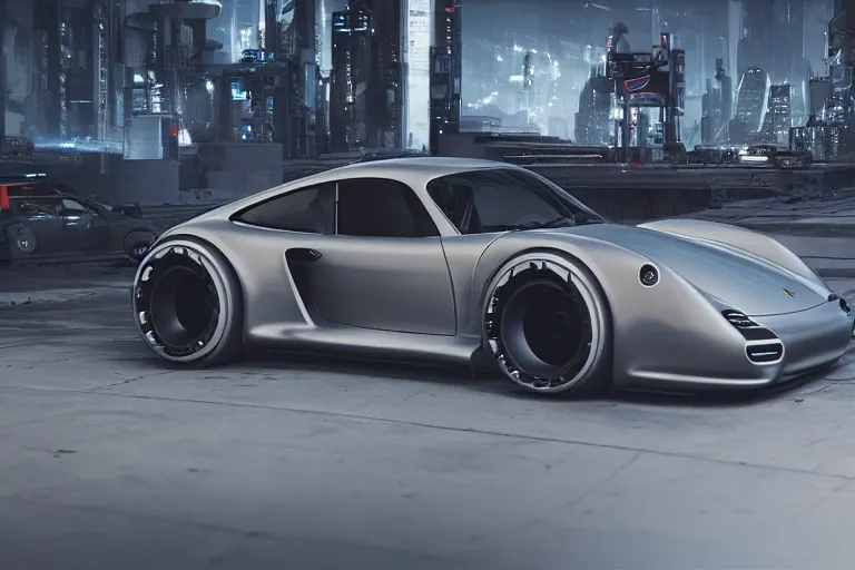 Image similar to porsche 9 5 9 cyberpunk concept car sitting on the side of the road, a detailed matte painting by zack snyder, trending on cg society, auto - destructive art, vray tracing, unreal engine 5, reimagined by industrial light and magic