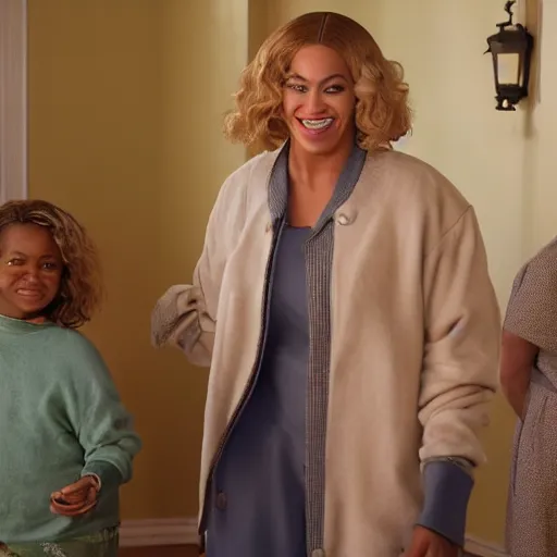 Image similar to A movie still of Beyonce as Mrs Doubtfire, dynamic lighting, smiling, 8k, 2022 picture of the year