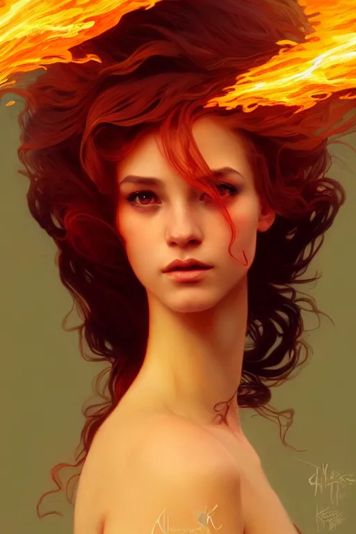 Image similar to a beautiful girl with hair made of fire, fantasy, portrait, sharp focus, intricate, elegant, digital painting, artstation, matte, highly detailed, concept art, illustration, ambient lighting, art by ilya kuvshinov, artgerm, Alphonse mucha, and Greg Rutkowski