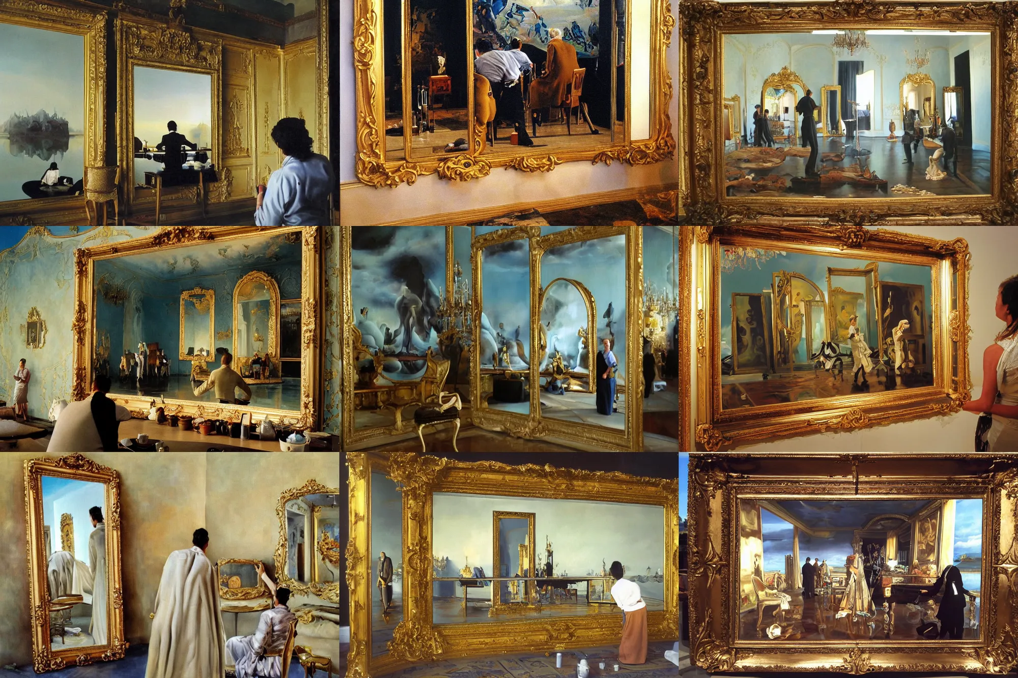 Prompt: wide angle shot, a mirror reflecting a painter, painter paints a royal room on a big canvas, painting by Dali, oil on canvas,