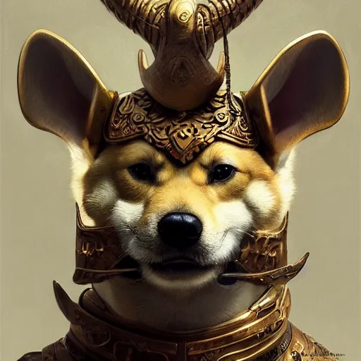 Image similar to detailed photorealistic painting of shiba inu wearing a highly detailed ornamented bronze viking helmet with two horns on head, sharp focus in the style of ruan jia, Mandy jurgens, cinematic light, concept art, trending on artstation, ultra realistic