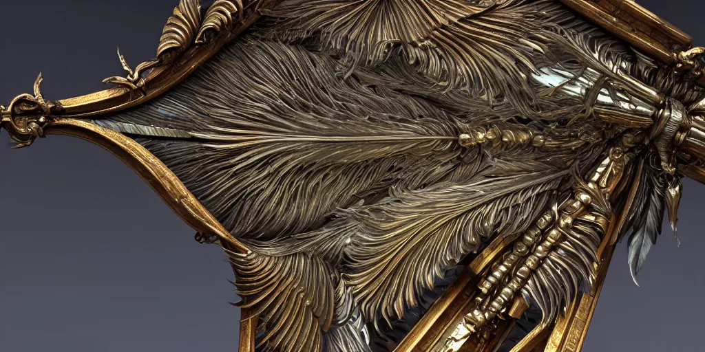 Prompt: beautiful physical hyper detailed render of a huge mega divine sword, symmetric, the style of louis comfort tiffany, pascal blanche, zigor samaniego, paul pepera, ellen jewett, weapon design, perfect shadow, mechanics, feather, wing, exquisite, gradient, structure, c 4 d, 3 d render, unreal engines, atmospheric lighting, 4 k hd