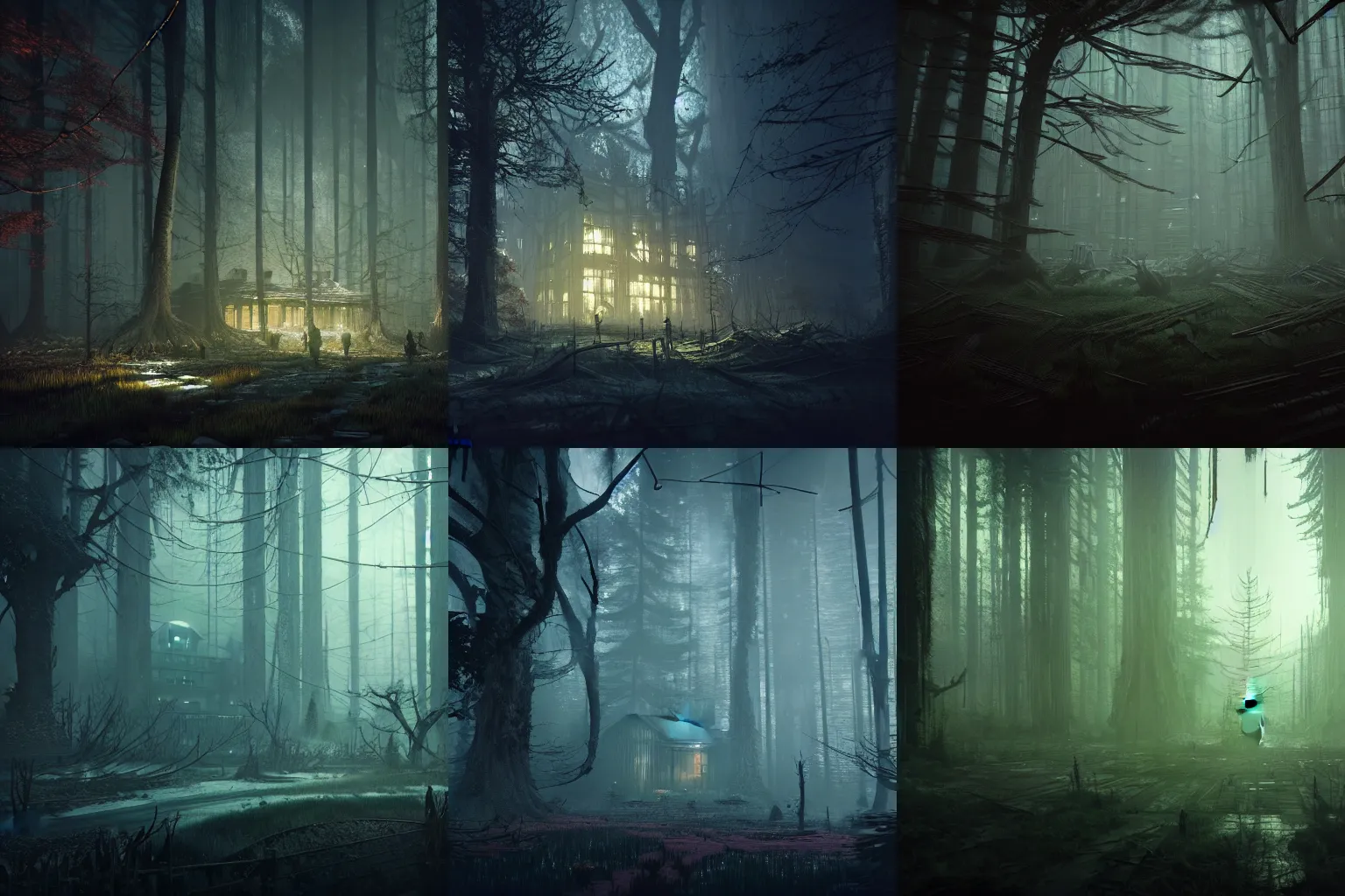 Prompt: a building in a creepy dark forest, haunted, eerie, Wadim Kashin, featured in artstation, octane render, cinematic, elegant, intricate, 8k