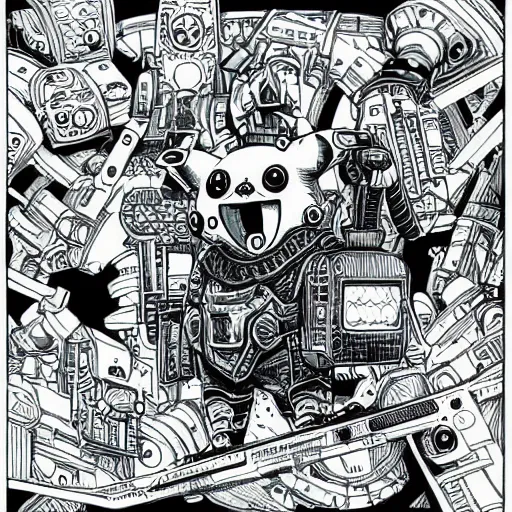 Prompt: a drawing of cyberpunk warhammer pikachu by Joe Fenton