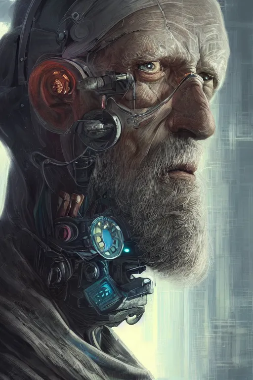 Image similar to ultrarealistic illustration old man cyborg, cyberpunk, sci - fi fantasy, intricate, elegant, highly detailed, digital painting, artstation, concept art