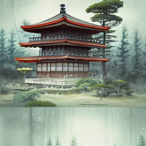 Image similar to a detailed watercolor and matte painting of a japanese tea house surrounded by trees, by Mike Winkelmann, cgsociety, fantasy art