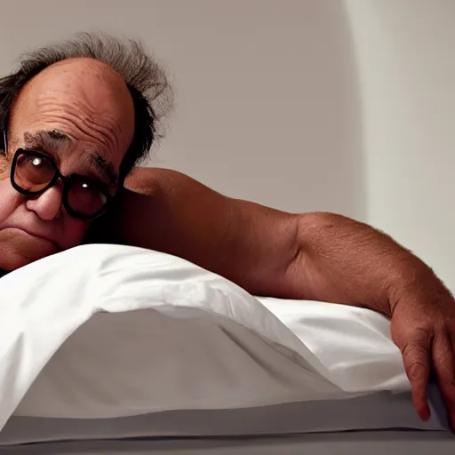 Prompt: Danny DeVito on a bed with The Predator, cinematic, studio light, 8K,