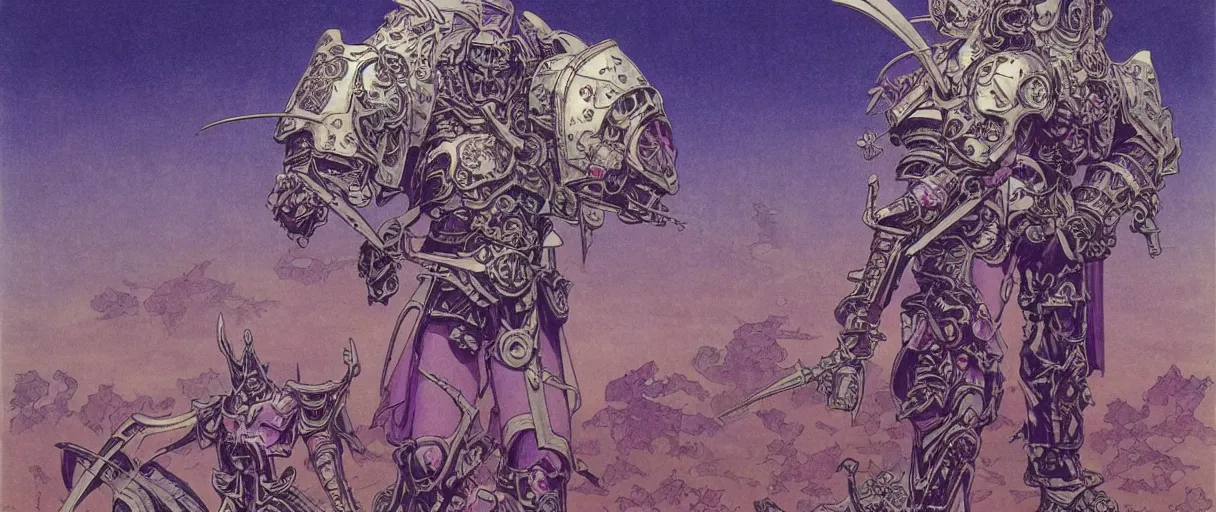 Prompt: composition of gothic and futuristic, warhammer, cyber japan samurai armor, more and more scars, storm, blue head, purple, many mech flowers, the middle ages, highly detailed, artstation, in the style of moebius, jugendstil and classic japanese print, art by jean delville and rene magritte