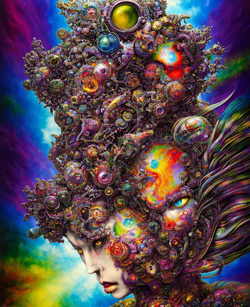 Image similar to realistic detailed image of ultra wrathful rainbow diamond nightmare scientist mega god of chaos, depth perception, depth of field, action horror by lisa frank, ayami, karol bak, neo - gothic, gothic, rich deep colors, part by adrian ghenie and gerhard richter. art by yoshitaka amano. masterpiece